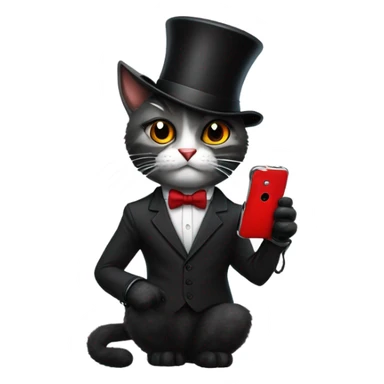 Cat with a top hat wearing a suit and tie and black ripped jeans with a fluffy tail and sharp claws and fingerless gloves while holding a red phone sticker