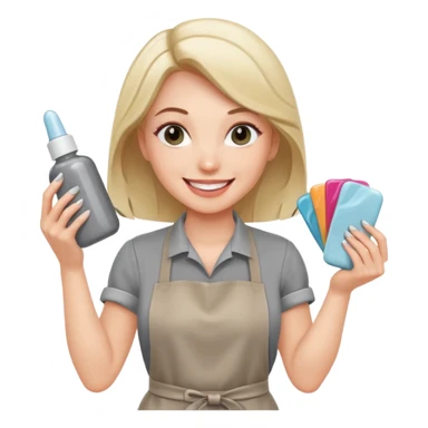 female nail master with buff and gel polish in hand in grey apron  sticker