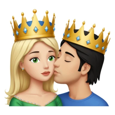 Blonde Queen with crown Green eyes naked kissing Male man without crown black hair blue eyes Background sleeping room  sticker