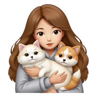 A Chinese fashion girl with brown hair, wearing a light gray fur coat, hugging a Shiba Inu and a long-haired white Persian cat. sticker