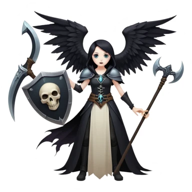 Necromancer girl with wings, a scythe and shield, in front of a dead mage sticker