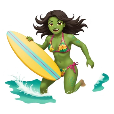 ork female holding small yellow bodyboard, running through shallow turquoise waves, muscular green body, bright floral bikini, fierce joyful grin showing tusks, long wet dark hair splashing, foam and spray, minimalist beach and ocean background, centered emoji, vibrant summer colors, sticker style sticker
