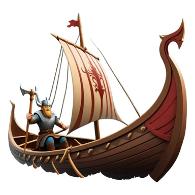 clash-of-clans-aesthetic_-cinematic-viking-longboat, rendered in a flat, bold vector style with minimal shading, featuring a striking dragon-headed prow slicing through waters. shields on the side and vikings rowing The longboat’s, the boat has carved motifs evoke a sense of epic adventure and Nordic might, with billowing sails catching a dramatic, stormy sky backdrop. sticker
