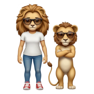 friendly anthropomorphised female lion, full body, standing confidently with legs shoulder width apart, arms folded, wearing jeans, white t-shirt, dark sunglasses, trainers, determined expression sticker
