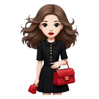 White girl with brown long hair dressed up in black chanel tweed dress with a red chanel bag and red lipstick. Close up with wind blowing her hair looking fancy sticker