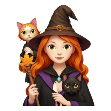 ginger witch with a black cat familiar, holding a wand, surrounded by autumn leaves sticker