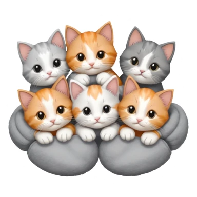 6 tiny kittens cuddling together all various different natural colours including solid grey with white mittens, grey and white, ginger and white, calico, and brown and white sticker