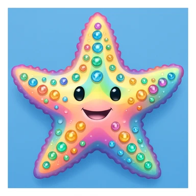 Add a soft blue background behind the apple emoji style rainbow pastel sea star with gems, keep the emoji style and all details. The style should resemble the original apple emoji style with rainbow pastel colors and gem details. sticker