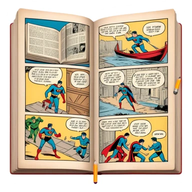Create a detailed emoji representing the process of writing texts for comic books. The design should feature a large, open comic book with vintage comic strips visible on its pages. A pencil should be shown writing text on one of the comic panels, but without a hand. The pencil should appear as though it is actively creating the dialogue or narration. Use a classic color palette with muted tones for the comic book and brighter accents on the pencil to draw attention to the writing process. Do not include any emojis or smiley faces. Make the background transparent. sticker