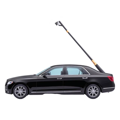 luxury black car resembling Porsche or BMW, with a hammer and a rod forming an X, floating and touching the rear right corner of the car's bodywork, a long rectangular reflection lamp illuminating the upper part of the door, elegant and modern sticker