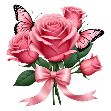 "Lush Blush Red roses wrapped in a silky Rose Quartz ribbon, their beauty enhanced by a fluttering Carnation Pink butterfly. The scene radiates romance and grace." sticker