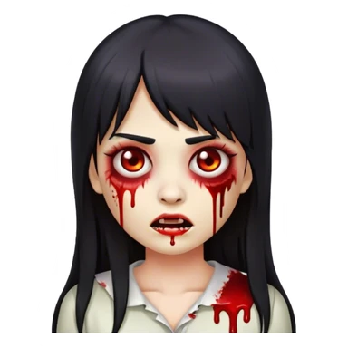 emoji de zombie feminino com sangue, cabelo liso reto com franja reta preta longo sticker