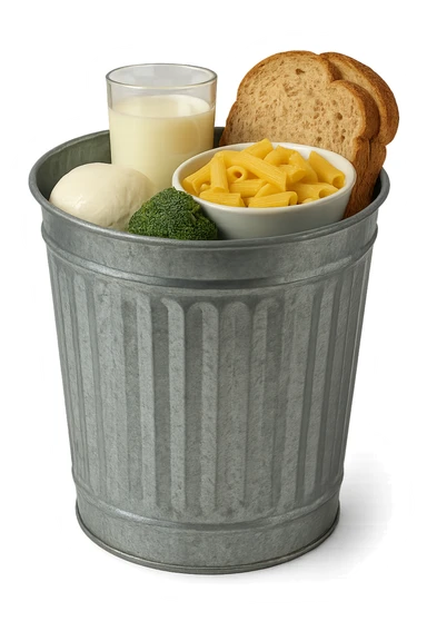 SECCHIO DELLA SPAZZATURA DENTRO CUI CADE UNA MOZZARELLA, UN BICCHIERE DI LATTE, UNA BOWL DI PASTA, QUALCHE BROCCOLO, QUALCHE FETTINA DI PANE sticker