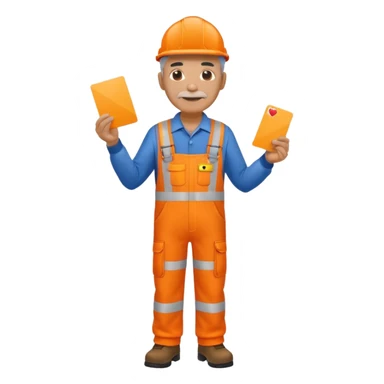older engineer hi-vis orange overalls full body holding a card sticker