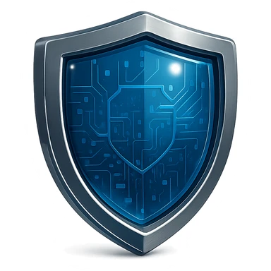 Make the blue part glass glossy with a deep rich blue center, keep the shield facing exactly straight forward, simplified design with a metallic border, no point at the top, no symbols, no sword. Maintain the glossy circuit style and transparent background as in the reference. sticker