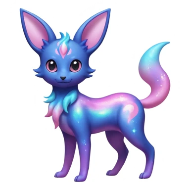 Shiny Iridescent Nebulae Espeon-Umbreon-Sylveon-Fakémon-hybrid-creature (full body)  with a galaxy-dust-flowing-gradient-tail sticker