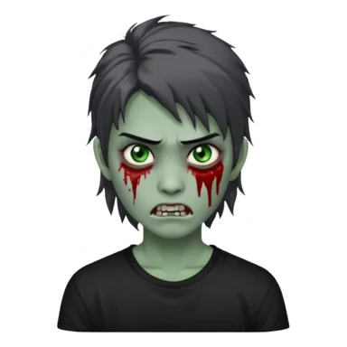 3D emoji-style avatar with grey zombie skin, dark brown hair, a young Asian face, and large green eyes with blood tears. Give it white litle bit messy mullet hair style , silver hoop earrings, and a plain black T-shirt. The face expression should be slightly angry, with vampire fang sticker