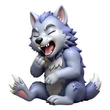 Cinematic Cute Yawning Werewolf Portrait Emoji, with a cuddly, miniature lupine form in soft moonlit grays and silvers, head leaning back in a big, adorable yawn that reveals a few fuzzy teeth, simplified yet irresistibly charming, highly detailed with a soft glowing outline that captures the drowsy, playful essence of a werewolf mid-nap! sticker