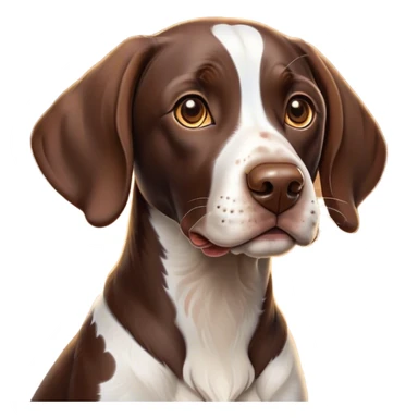 Cinematic Cute German Pointer Portrait Emoji, Playful and charming, soft brown and white tones, Simplified yet expressive features, highly detailed, glowing with a warm, friendly glow, high shine, joyful and loyal, stylized with a touch of whimsy, curious and alert, soft glowing outline, capturing the essence of a playful pup ready for adventure, so endearing it feels like it could jump out of the screen and wag its tail! sticker