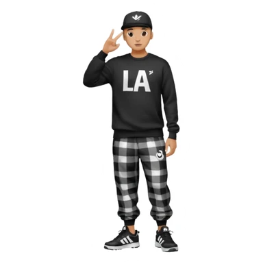 Crea Un Emoji De Cuerpo Completo Que Sea Hombre Con Corte Alucin Que Tenga Gorra Nike, Suéter Negro Que Tenga La Letras LA El La Parte Del Corazón, Zapatos Adidas Con Una Palomita✅, Pantalón Ancho O Bellaco Con Unos Diseños De Palomas Blancas Y Asiendo Una Pose Con Su Mano Que Sea Está 🤙🏽. sticker