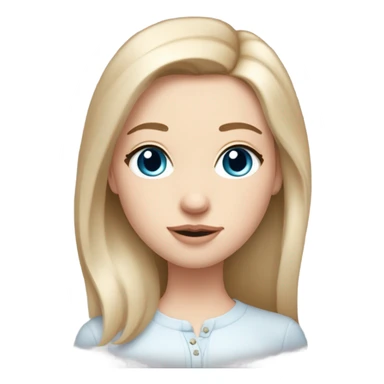 Girl with dirty blonde, straight hair medium length past shoulders , blue/grey eyes with semi long lashes, pale but not albino, freckles mostly on and around the nose, button nose, not thick but not thin lips with a small cupids bow shape, facing front on with shoulders and up wearing a light pink coquette emoji
 sticker