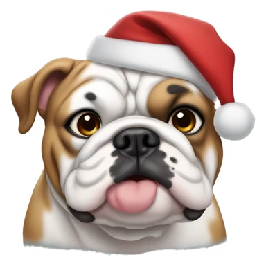 chubby english bulldog with white face and brown spots on his back wearing a christmas hat sticker