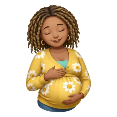 pregnant black woman with dread lock hair happily touching her big belly while wearing casual shirt and yellow warm  flowery cardigan closing her eyes and smile wamrly sticker