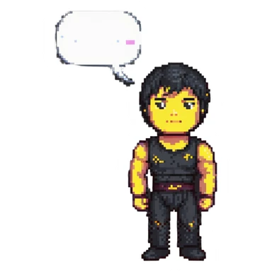 Bruce Lee in pixel art style, calm and wise, with a speech bubble containing a philosophical saying sticker