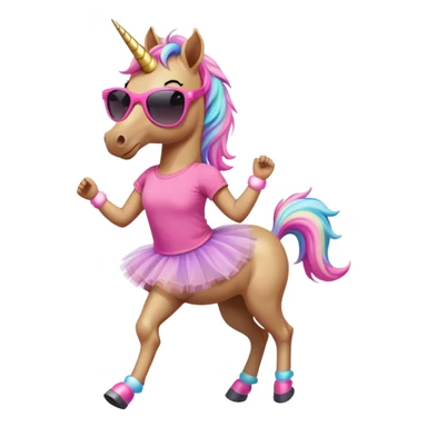 friendly anthropomorphised female unicorn with horse-like face, in tutu and pink t-shirt, wearing dark sunglasses, jogging upright in standard pose sticker