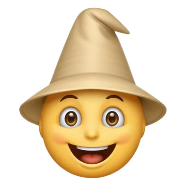 A crazy, laughing emoji with a funnel hat on its head. Exaggerated wide smile, big expressive eyes, playful and silly expression. Cartoon style, clean lines, bright colors, simple background, emoji-style illustration, high quality, centered composition sticker