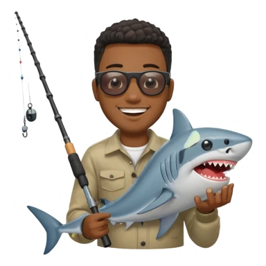 Black man excitedly catching a shark with a fishing rod, emoji style sticker