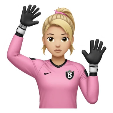 Make a dirty blonde football goalkeeper with goalkeeper gloves on. light skinned and wearing a light pink football kit. Wearing one ponytail on back of head. Make it without the whole body. With full sleeves. No RUGBY BALL JUST BLACK AND WHITE BALL. Holding ball under armpit. Other hand hanging down sticker