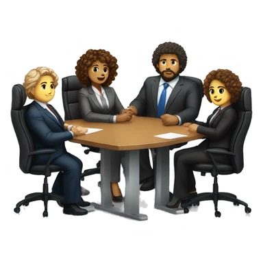 work meeting table 3 men and 4 women sitting on a table wearing suits the women have curly hair and one of the men is fat with a beard and of them is tanned with curly hair sticker