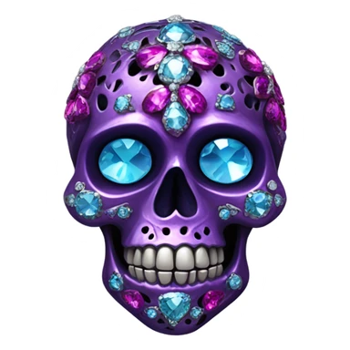 Realistic isolated metallic dark purple,magenta,light blue,and hot pink filigree super skull decorated with shiny diamonds and rhinestones.  sticker