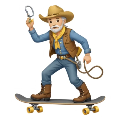 grizzled old cowboy on skateboard, lasso in hand, yellow face, boots and spurs, android emoji style sticker
