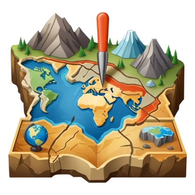An icon featuring a crowbar and a geological map, and layers of Earth’s crust, symbolizing geology. The design includes mineral samples, fossils, and tectonic plates, representing the study of Earth’s structure and natural processes. Transparent background highlights geological exploration sticker