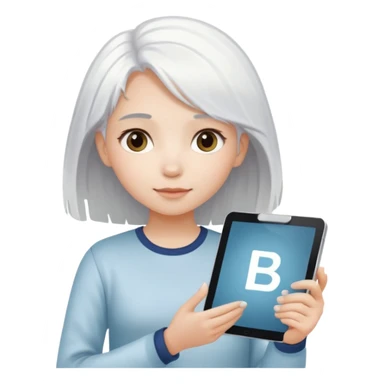 A young white hair girl, with a gradient in the hair. She holds a tablet is in your hands. The word "ВАЖНО" is on the sign  sticker