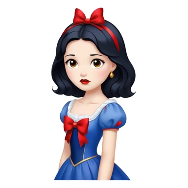 Cinematic Elegant Snow White Portrait Emoji, rendered in a realistic, vector-style with minimal shading and bold, simplified shapes. Depict Snow White (chest and above) with flawless porcelain skin, expressive deep brown eyes, and lustrous raven hair neatly styled with a red bow, wearing her classic blue and gold dress. The image glows with a soft, pure radiance and high shine, capturing timeless beauty and gentle grace. sticker