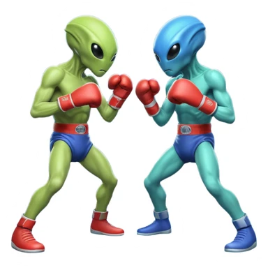 two aliens boxing in a fight stance, facing each other with raised gloves, dynamic action pose, intense expressions, sci-fi arena vibe, 3D cartoon style, mobile game icon style, clean background, no text, no watermark
 sticker