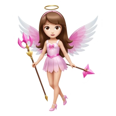 Hada de piel clara cupido pequeña  de cabello largo lacio castaño con flequillo y ojos cafés  vestida con algo sensual semitransparente corto color blanco o rojo con 1 arco y una sola flecha que combinen y labios rositas tipo Barbie pero en hada cupido de cuerpo completo de pies a cabeza   sticker