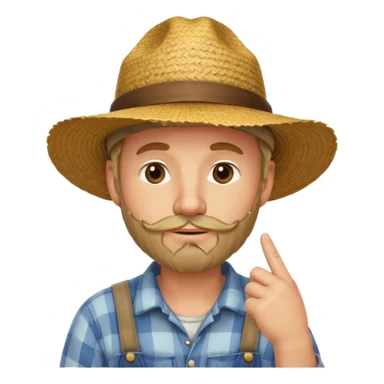 “A single emoji-style character combining 👨‍🌾😄 and 🤔: a smiling farmer man with a straw hat, friendly face, and light beard, holding one hand under his chin in a thinking gesture. His index finger rests under his face, eyes looking slightly upward as if thinking.  sticker