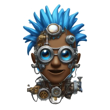 Brown cyborg head with blue Mohawk, blue beard, silver steampunk monocle goggles a smile and circuits sticker