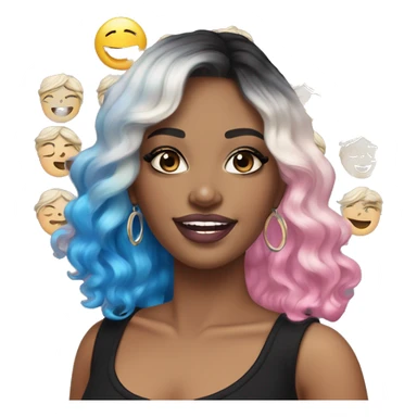 White skinned adult woman, smiling, glitter drawings makeup on her face, pink lipstick blue eyes, long black-to-blonde ombre wavy hair, ring earrings, black T-shirt. sticker