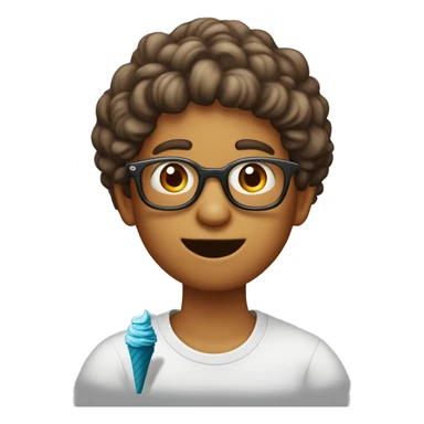 un adolescente de 18 años de pelo rizado castaño con lentes, comiendo un helado  sticker