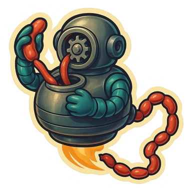  hovering sausage-processing droid in a retro-futuristic style. Its top half is a circular industrial meat grinder with rotating gears and blades. Two robotic arms feed material into the grinder. Sausage links extrude from the rear like a factory line. The body is metallic, compact, and floats above the ground with no legs. Dark humor tone. sticker