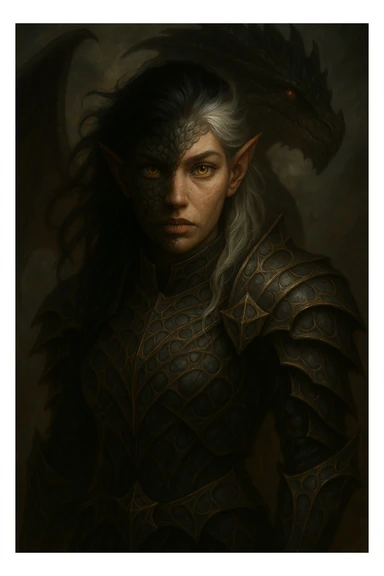 Make the character a girl, keep half human half dragon, with silver hair that has black at the top, in a fantasy style. Focus on a detailed and dramatic fantasy look with the hybrid human-dragon features. sticker