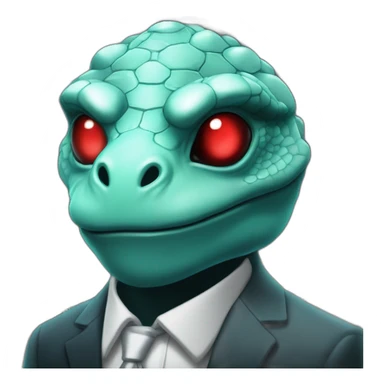 Aquamarine reptilian in classic black suite with red laser eyes on the middle of platinum coin sticker