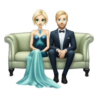 light green skin alien blonde woman in long slim pastel blue formal party satin dress with gradient shiny sparkling navy blue diamonds embroidered , and caucasian man in black dress, sitting on a beige couch  sticker