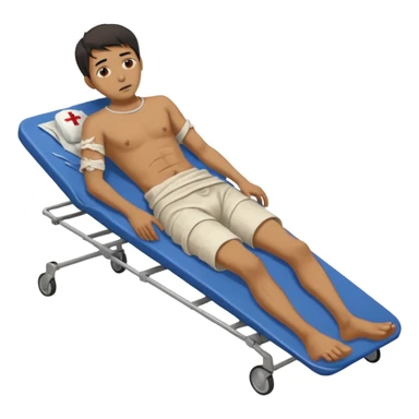 
a man of oriental appearance, dressed in torn clothes, full-length, unconscious, in a prone position, with injuries on a medical stretcher, 1980 sticker