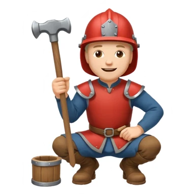 a happy medieval white man with a helmet kneeling and knocking with a hammer sticker